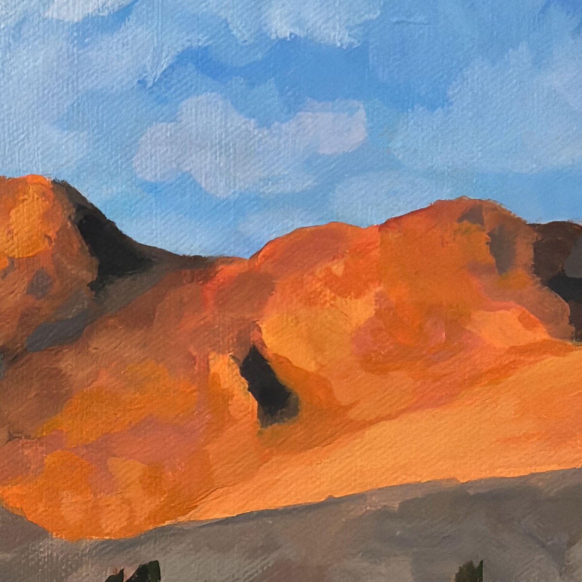 Detail of brushwork of orange mountains