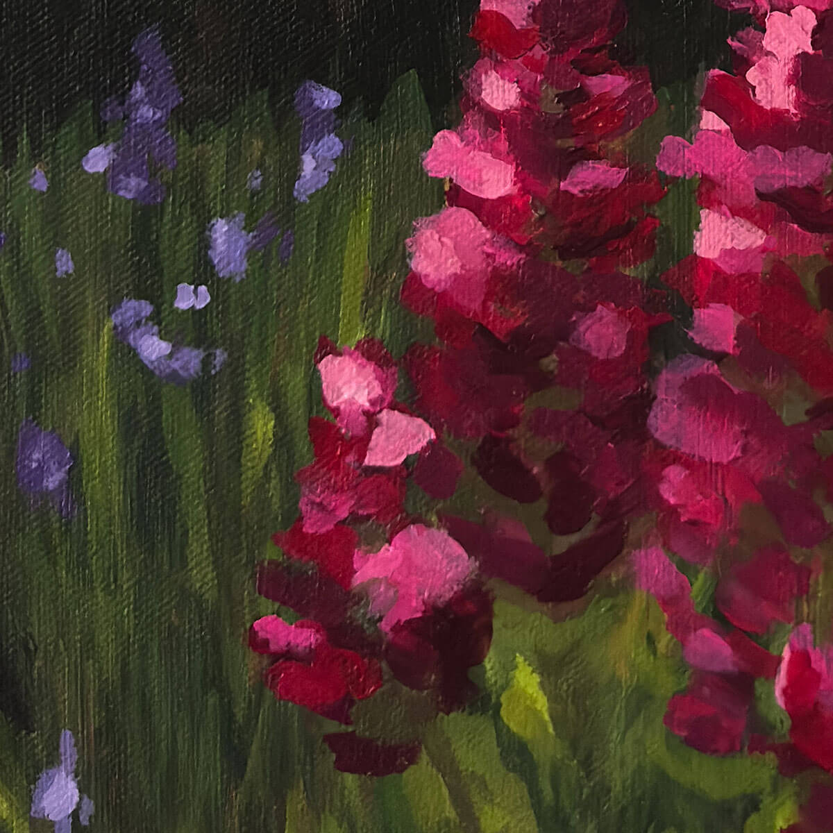 Detail of brushwork of painting of red and purple flowers