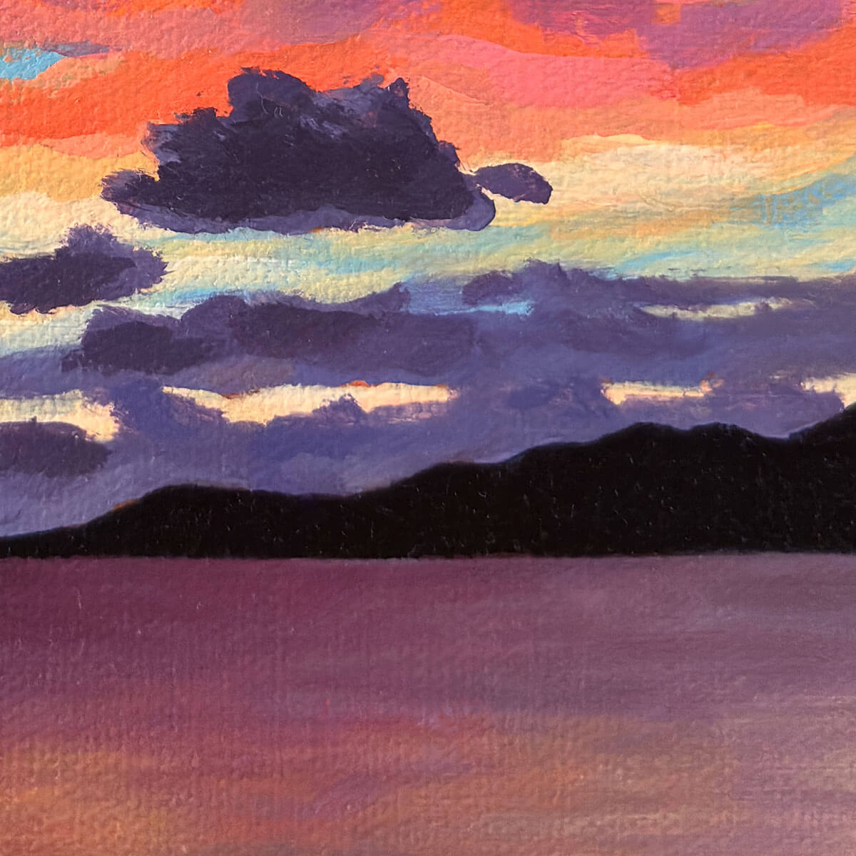 Detail of brushwork of painting sunset clouds, mountains, water