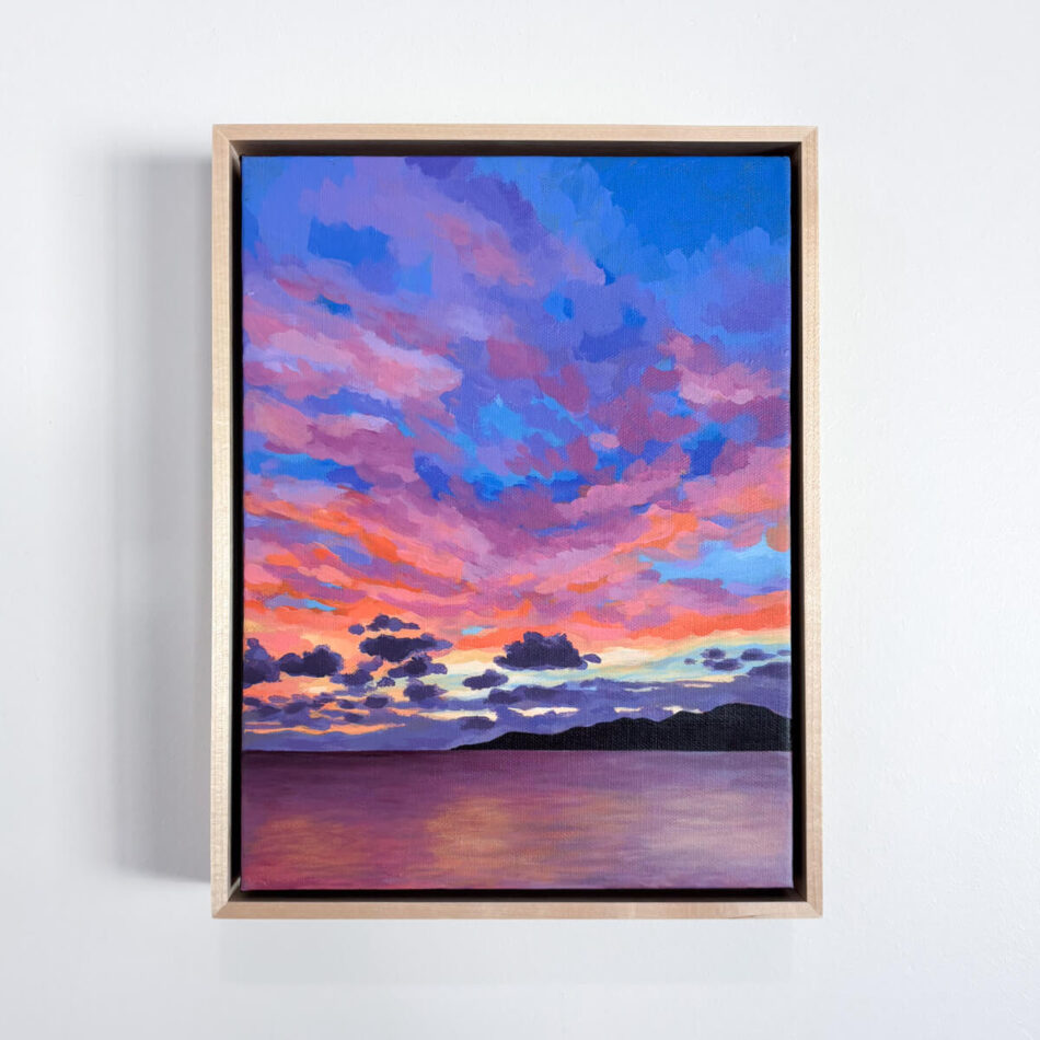 painting featuring a colorful sunset reflected in a calm ocean