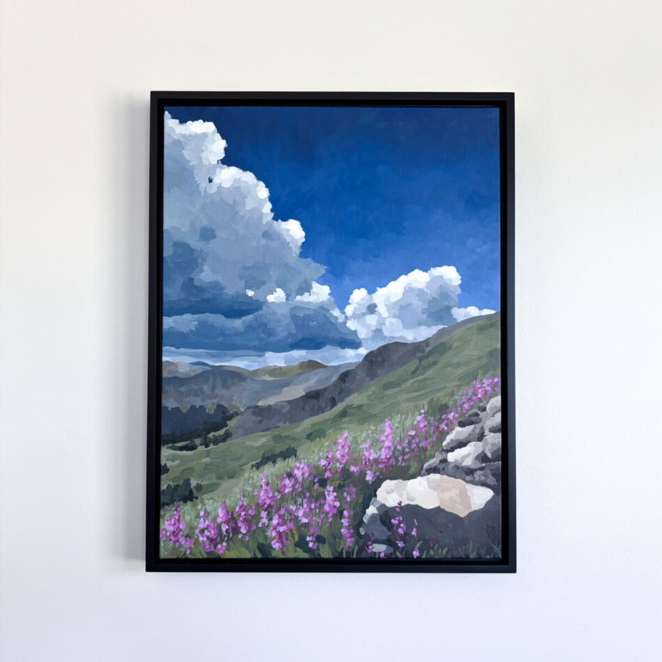 painting of dramatic clouds over a mountain landscape with purple flowers