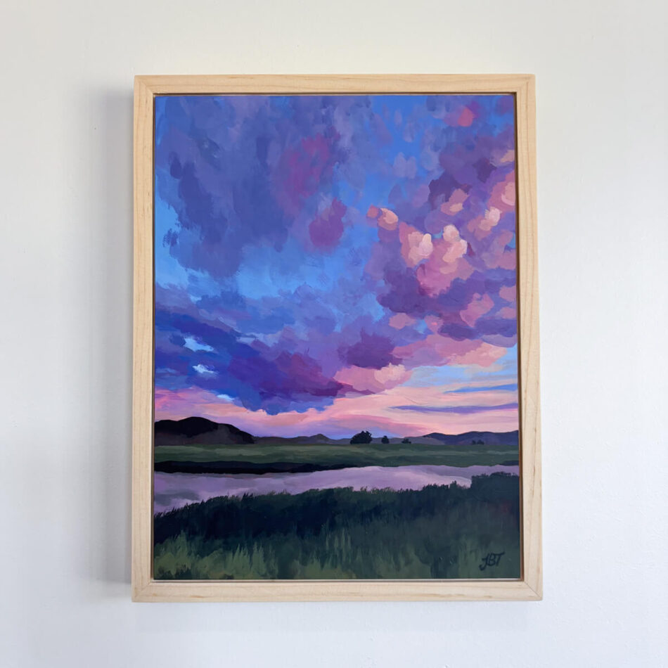 painting with a pink and purple sunrise with mountains and a winding alpine creek