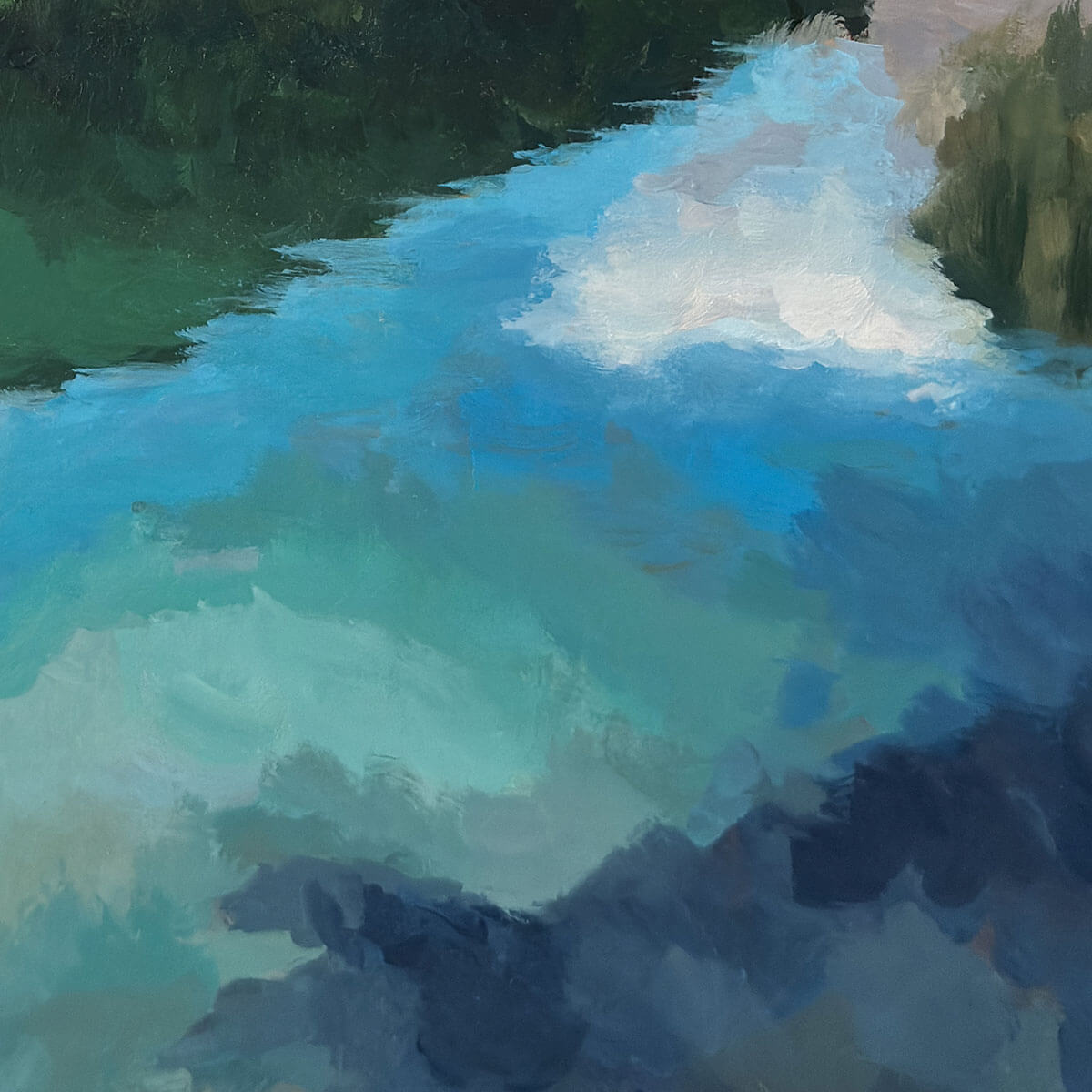Detail of brushwork of painting featuring lake