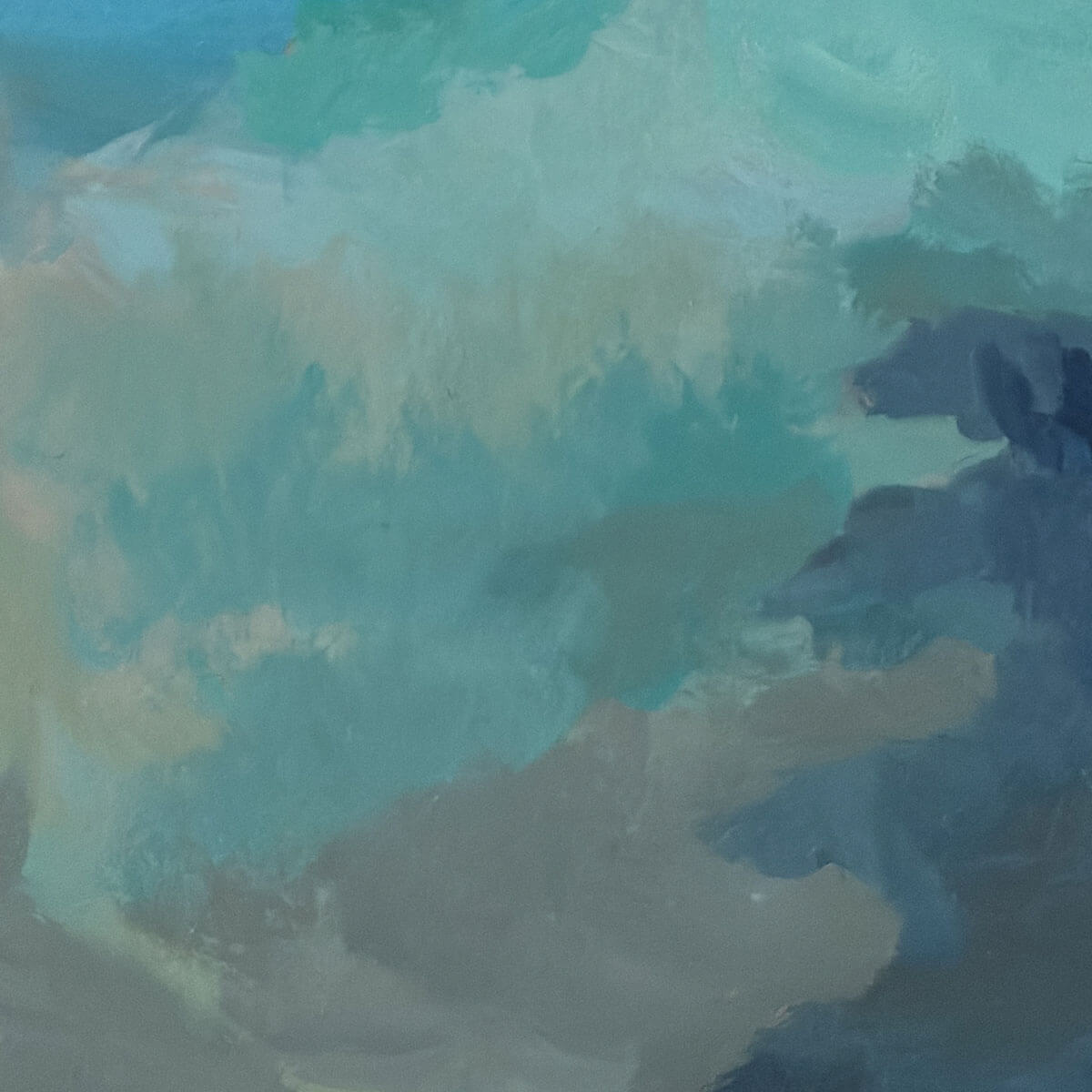 Detail of brushwork of painting featuring lake