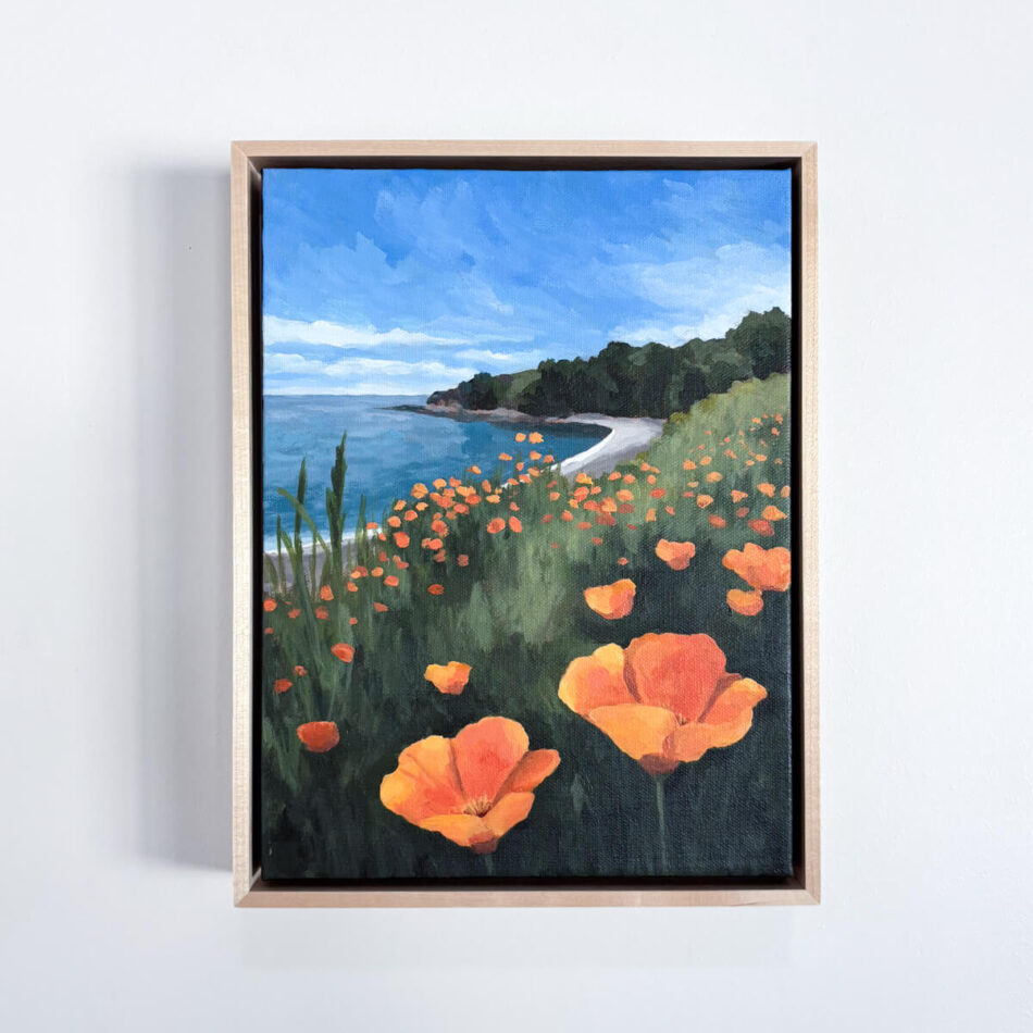 painting of orange poppies with a beach and trees in the background