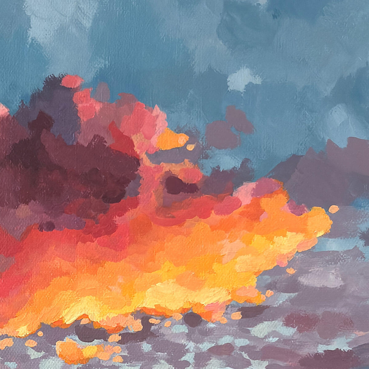 Detail of brushwork of painting of sunset clouds