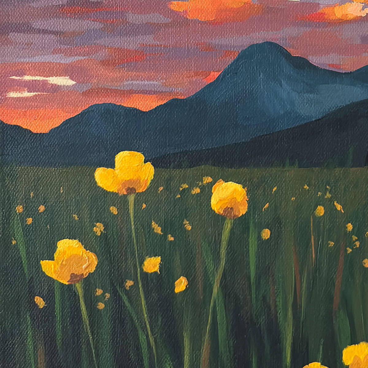 Detail of brushwork of painting of yellow flowers, mountains, and sunset clouds