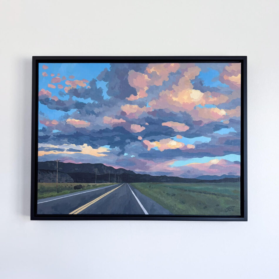 painting featuring colorful clouds and a road disappearing into a green landscape